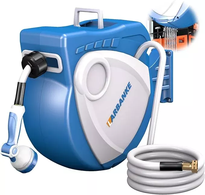 1-2-in-100-ft-garden-hose-reel-wall-mounted-hose-reel-with-bottom-drain-180-rota 1/2 in × 100 ft Garden Hose Reel,Wall-Mounted Hose Reel with Bottom Drain,180° Rotating Bracket,with 10-Function Sprayer Nozzle,Lockable at Any Length,Equipped with Waterproof Bag(Blue)