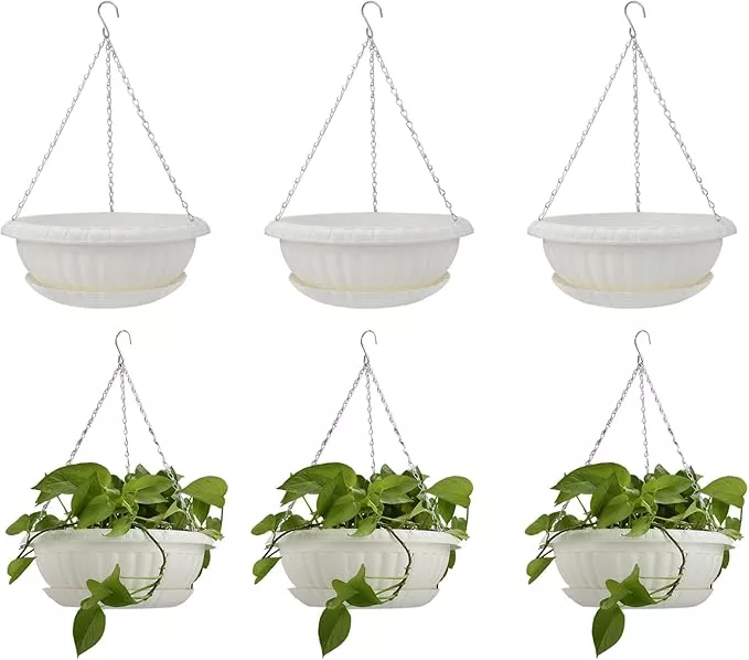 10-63in-hanging-planter-pots-outdoor-indoor-plants-flowers-with-drainage-hole-tr 10.63in Hanging Planter Pots for Outdoor and Indoor Plants Flowers with Drainage Hole Tray Hooks Plastic Plant Baskets for Garden Home Porch (White, Pack of 6)