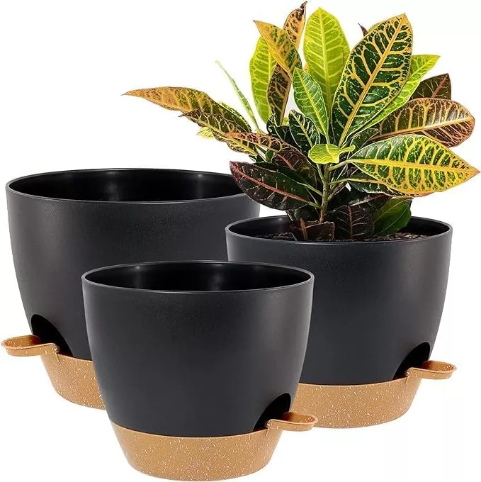 10/9/8 inch Self Watering Pots, Set of 3 Plastic Planters with Mesh Drainage Holes and Deep Reservoir for Indoor Outdoor Garden Plants and Flowers, Black with Green Speckles
