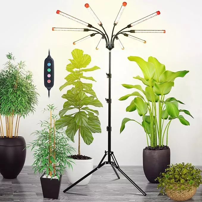 10-Head Grow Lights for Indoor Plants with Stand 90W, LED Plant Grow Light for Tall Houseplants, Bonsai Tree, Full Spectrum Growing Lamp with 4,8,12 Hr Timer, 24"-64" Adjustable Height