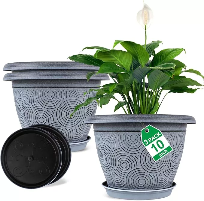 10-inch-flower-pots-planters-indoor-outdoor-plants-3-pack-plastic-large-plant-po 10 Inch Flower Pots Planters for Indoor Outdoor Plants, 3 Pack Plastic Large Plant Pots with Drainage Hole & Tray, Modern Decorative Garden Pot with Saucer, Plant Container for House