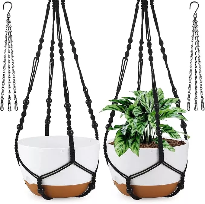 10 Inch Hanging Planter, 2 Pack Hanging Plant Self Watering Pot with Drainage Holes and Saucers, Hanging Baskets Flower Pots with Macrame Rope Hangers for Garden Home -White