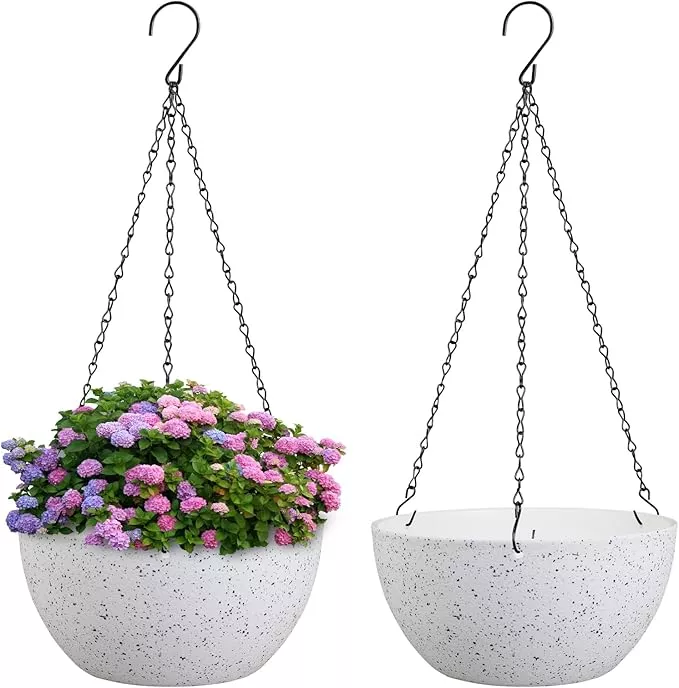 10 inch Hanging Planters for Indoor Outdoor Plants, 2 Pack Hanging Flower Pots with Drainage Holes and Chain for Garden, Plastic Hanging Baskets for House Plants, Black with Green Speckles