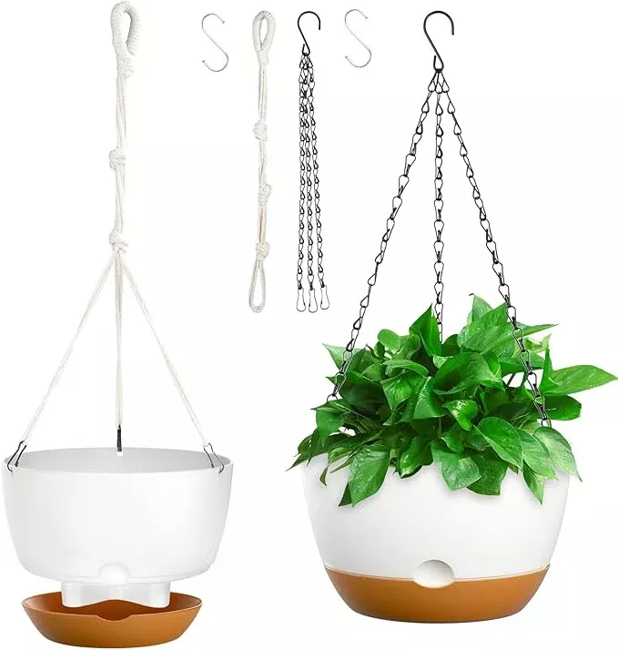10 Inch Hanging Planters for Indoor & Outdoor Plants (2 Pack) - Self-Watering & Drainage Flower Pots with 2 Kinds of Plant Hangers for Home Decor & Garden (Deep Gray, 10 in)