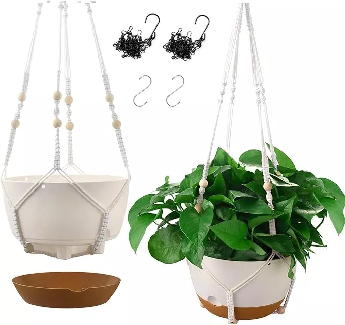 10 Inch Hanging Planters for Indoor & Outdoor Use (2 Pack) - Self-Watering & Drainage Flower Pots with Chain & Macrame Hangers (Deep Gray, 10 in)