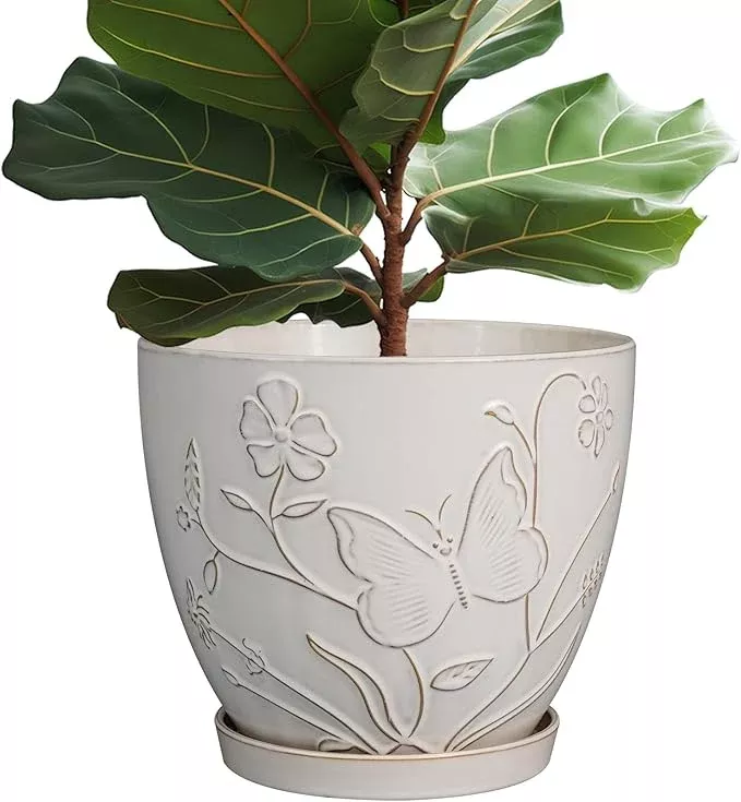 10-inch-plant-pot-ceramic-planter-pot-with-drainage-hole-saucer-round-planter-la 10 Inch Plant Pot Ceramic Planter Pot with Drainage Hole and Saucer Round Planter Large Flower Pot for Indoor Outdoor Plants Home Garden Decor White