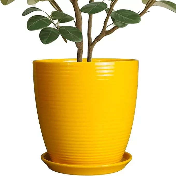 10-inch-plant-pot-ceramic-pot-plants-outdoor-planter-indoor-plants-large-plant-p 10 Inch Plant Pot - Ceramic Pot for Plants Outdoor Planter for Indoor Plants Large Plant Pot with Drainage Hole and Saucer Round Flower Pot for Home Patio Office Yellow