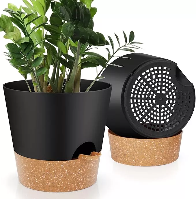 10-Inch Plant Pots, Self-Watering Planters with Drainage Holes & Saucers for Indoor and Outdoor Plants (2-Pack, Green)