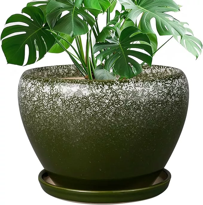 10-inch-planter-pot-ceramic-pots-plants-with-drainage-hole-saucer-round-large-fl 10 Inch Planter Pot - Ceramic Pots for Plants with Drainage Hole and Saucer, Round Large Flower Pot for Indoor Plants, Dark Green