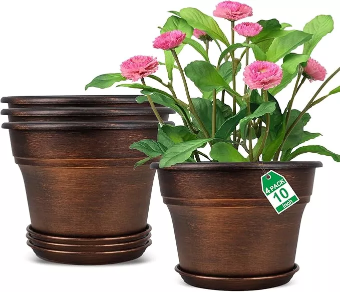 10-inch-planters-plant-pots-indoor-outdoor-4-pack-plastic-flower-pot-indoor-plan 10 Inch Planters Plant Pots Indoor Outdoor, 4 Pack Plastic Flower Pot for Indoor Plants with Drainage Holes & Trays, Resin Decorative Container Sets with Saucer for House Garden Copper
