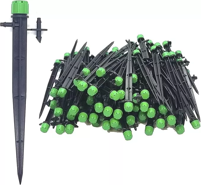 100-pack-1-4-inch-universal-360-degree-drip-emitter-on-5-stake-adjustable-flow-0 (100-PACK) - 1/4" Inch Universal 360* Degree Drip Emitter On 5" Stake - Adjustable Flow 0-18.5 GPH Fit 1/4 (4-7mm) Drip Irrigation Tubing - Professional Grade Drippers for Drip Irrigation