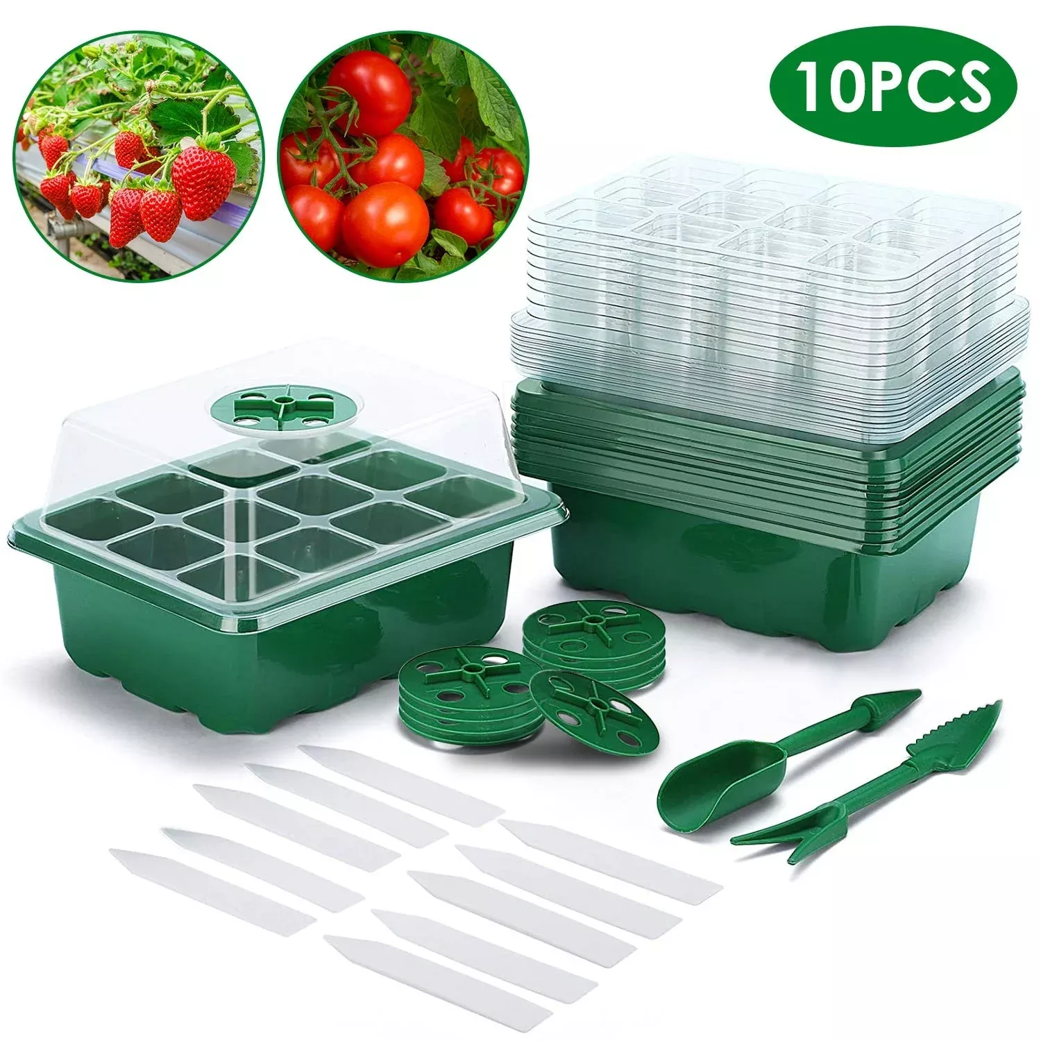 10pcs-seed-starter-tray-kit-reusable-overall-120cells-seeding-propagator-station 10Pcs Seed Starter Tray Kit Reusable Overall 120Cells Seeding Propagator Station Greenhouse Growing Germination Tray with Humidity Dome Label 2Pcs Gar