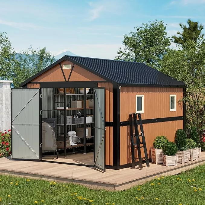 10x12-ft-outdoor-storage-shed-extra-large-metal-shed-with-lockable-doors-2-windo 10x12 Ft Outdoor Storage Shed, Extra Large Metal Shed with Lockable Doors, 2 Windows, Outside Steel Tiny House Ideal for Garden, Backyard, Patio Utility, Tool Storage, Chicken Coops