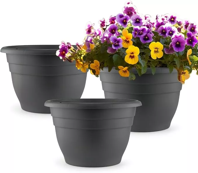 11-inch-plant-pots-3-pack-planters-indoor-ourdoor-plants-round-plastic-flower-po 11 Inch Plant Pots, 3 Pack Planters for Indoor Ourdoor Plants, Round Plastic Flower Pots, Large Planters with Drainage Hole and Plug, Gray