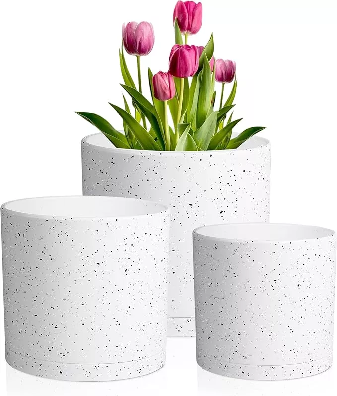 12-10-8-inch-large-plant-pots-3-pack-cylinder-deep-flower-pots-outdoor-indoor-pl 12/10/8 inch Large Plant Pots, 3 Pack Cylinder Deep Flower Pots for Outdoor Indoor Plants, Tall Plastic Planters with Drainage Holes and Saucers for Garden House Plants, Speckled White