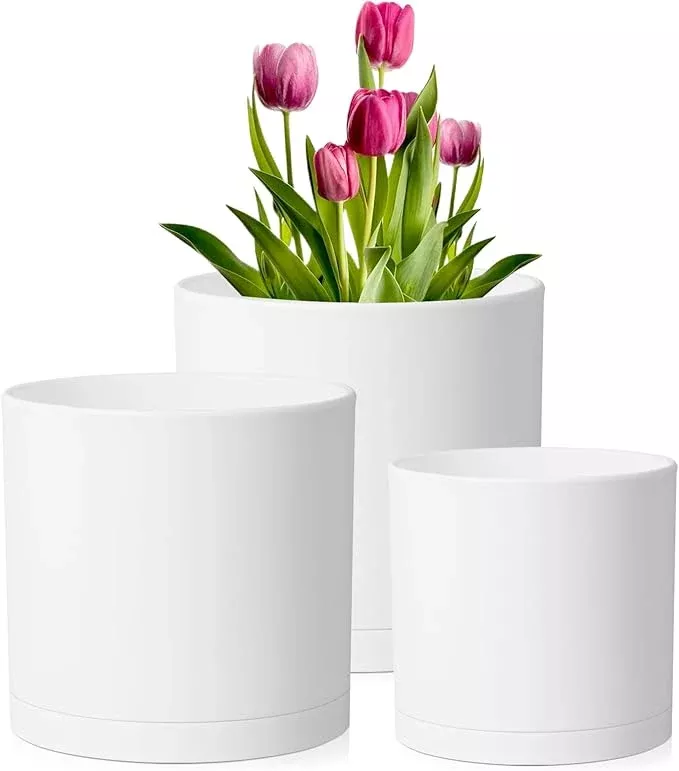 12-10-8-inch-large-plant-pots-3-pack-deep-cylinder-flower-pots-outdoor-indoor-pl 12/10/8 inch Large Plant Pots, 3 Pack Deep Cylinder Flower Pots for Outdoor Indoor Plants, Tall Plastic Planters with Drainage Holes and Saucers for Garden House Plants, White