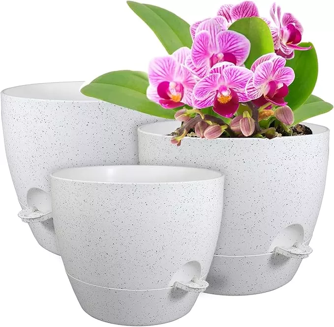 12-10-9-inch-large-self-watering-pots-plant-pots-with-mesh-drainage-holes-indoor 12/10/9 inch Large Self Watering Pots, Plant Pots with Mesh Drainage Holes for Indoor Outdoor Garden Plants, Flower Pots with Deep Reservoir, Set of 3 Plastic Planters, Specked White