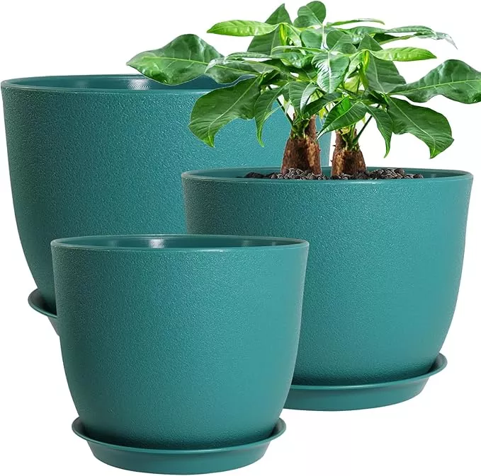 12-10-9-large-modern-plant-pots-plastic-planters-with-drainage-holes-saucers-ind 12/10/9 Large Modern Plant Pots, Plastic Planters with Drainage Holes and Saucers for Indoor Outdoor Plants Flowers, White