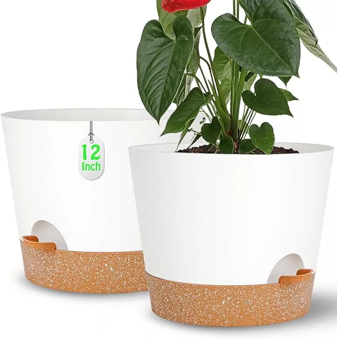 12-12inch-2pack-large-flower-pots-indoor-outdoor-plants-self-watering-planters-w 12+12Inch 2Pack Large Flower Pots for Indoor/Outdoor Plants,Self Watering Planters with Reservoir and Drainage Hole White Plastic Planting Pots Modern Home Decor Gift Idea