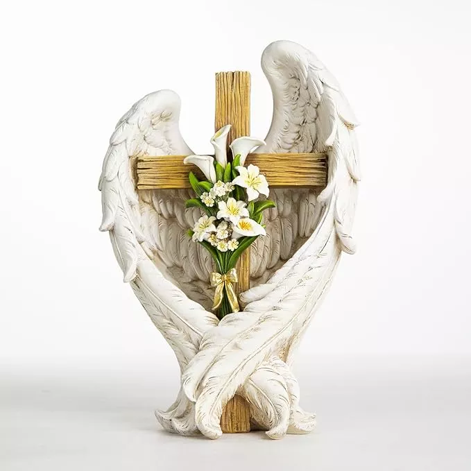 12-angel-wings-embracing-cross-calla-lily-garden-statue-memorial-statue 12" Angel Wings Embracing Cross and Calla Lily Garden Statue Memorial Statue