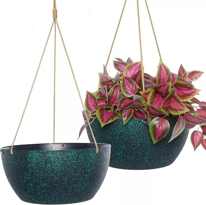 12-inch-2-pack-large-hanging-planters-indoor-outdoor-plants-plastic-hanging-bask 12 Inch 2 Pack Large Hanging Planters for Indoor Outdoor Plants, Plastic Hanging Basket Pots for House Plants Flowers, Black