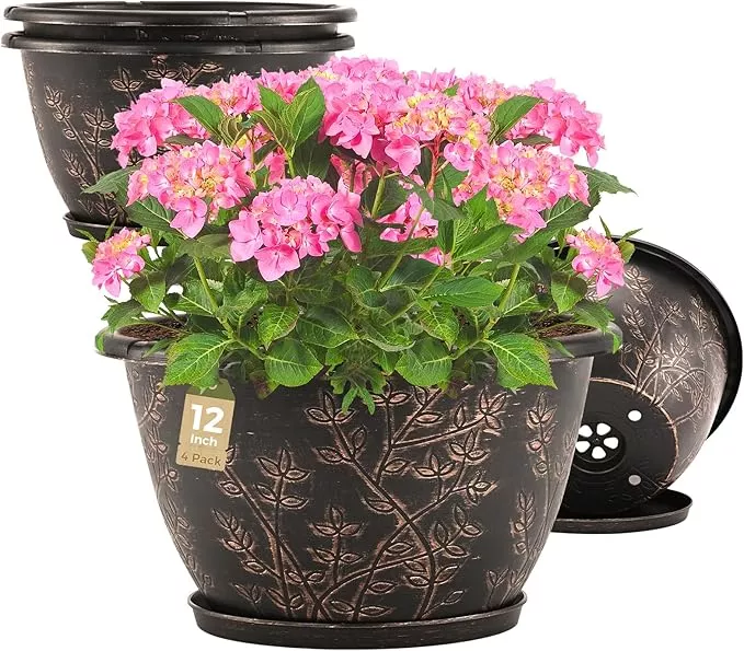 12-inch-flower-pots-outdoor-indoor-4-pack-plastic-planter-pots-plant-with-draina 12-inch-Flower-Pots-Outdoor-Indoor, 4 Pack Plastic Planter Pots for Plant with Drainage Hole Saucer, Decorative Resin Garden Container with Tray