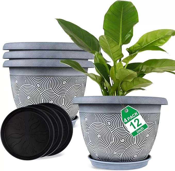 12-inch-large-planter-pot-plants-indoor-outdoor-4-pack-plastic-flower-pots-with- 12 Inch Large Planter Pot for Plants Indoor Outdoor, 4 Pack Plastic Flower Pots with Drainage Hole & Tray, Modern Decorative Garden Pot with Saucer, Plant Container for House