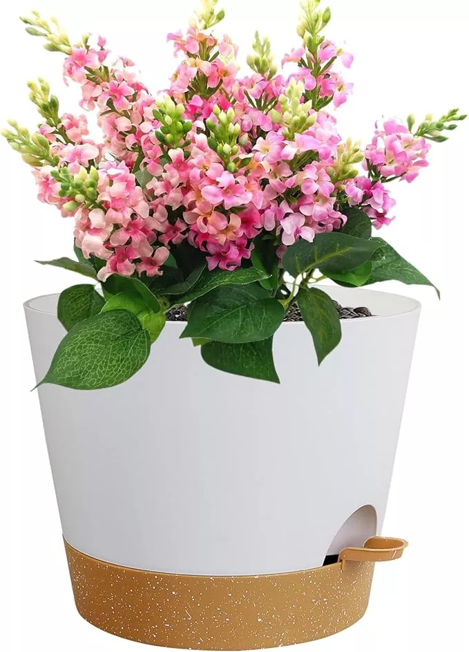12 inch Large Self Watering Pots for Indoor Outdoor Plants, Flower Plant Pots with Drainage Holes for Garden House Plants, Plastic Planters with Reservoir for Home Plants, Green with Brown