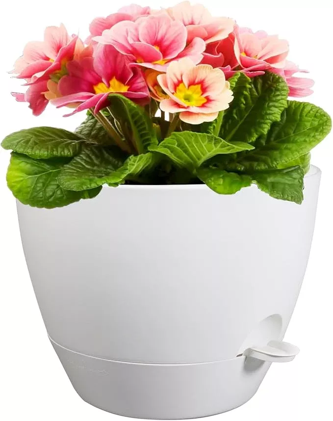 12 inch Large Self Watering Pots for Indoor Outdoor Plants, Plant Pots with Mesh Drainage Holes for Garden House Plants, Plastic Planters with Reservoir for Flower Plants, White with Brown