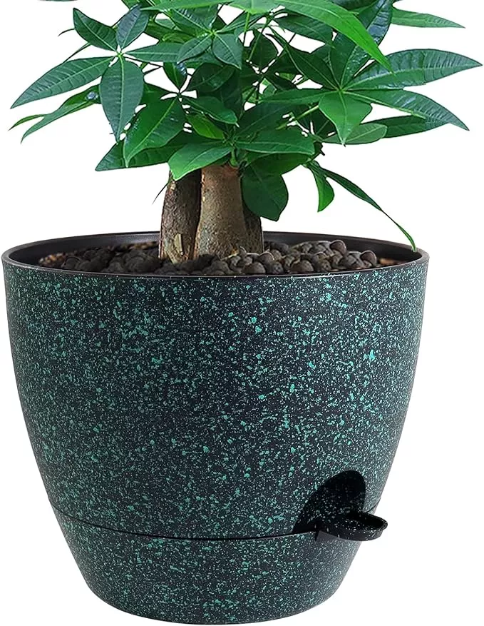 12 inch Large Self Watering Pots, Plastic Planters with 60oZ Removable Deep Reservoir and Multi Mesh Drainage Holes for Indoor Outdoor Garden Plants and Flowers, White with Brown