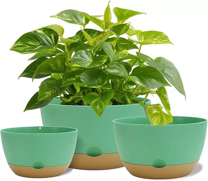 12 Inch Pots for Indoor Plants, Large Self Watering Planters with Drainage and Saucers, Plastic Outdoor Flower Pot, Set of 2, White