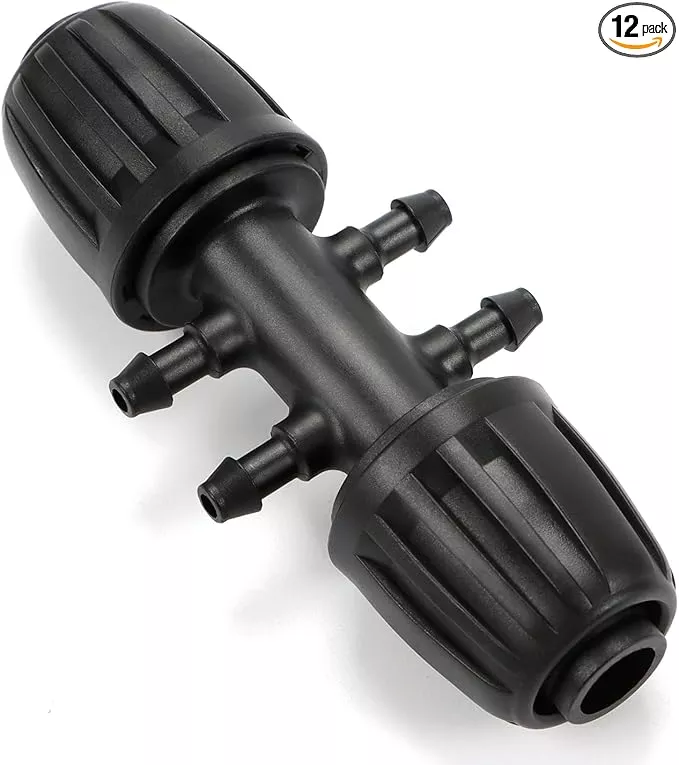 12-pcs-1-2-inch-to-1-4-inch-drip-irrigation-tubing-fittings-1-2-drip-tubing-1-2- 12 Pcs 1/2 inch to 1/4 inch Drip Irrigation Tubing Fittings, 1/2" Drip Tubing (1/2" ID x 0.65" OD) to 4 Way 1/4" Irrigation Tubing Locked Barbed Reducing Tee Connectors for Garden Systems