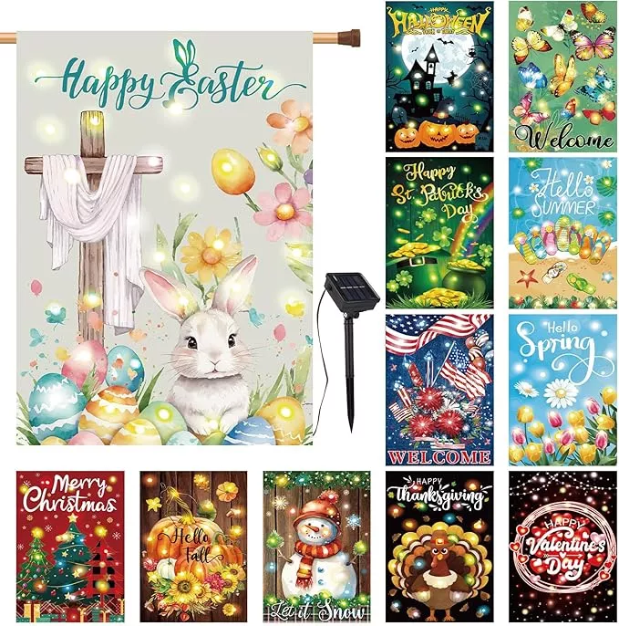 12 Pcs Solar Seasonal LED Garden Flags 28 x 40 Inch Double Sided Yard Flags Spring Easter Halloween Fall Thanksgiving Day Decorations Welcome Garden Flag Lawn Yard Outdoor Holiday Decoration