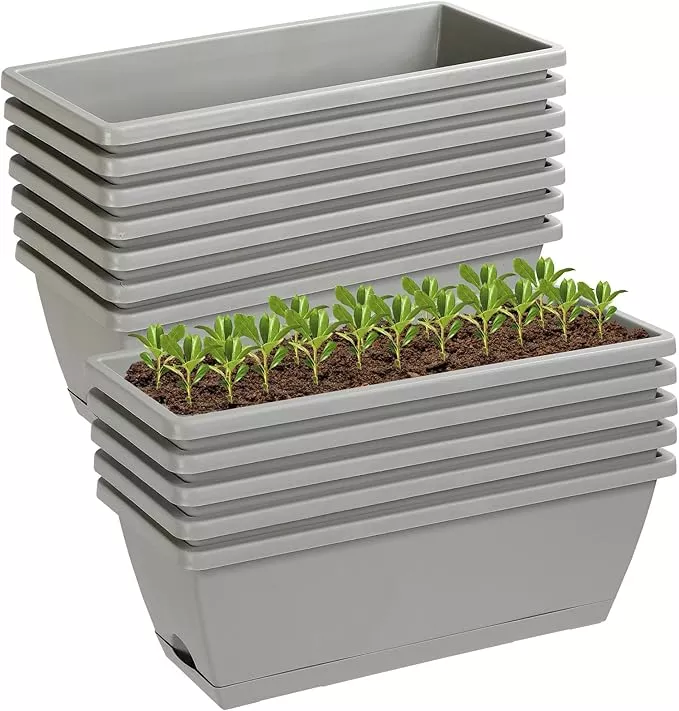 12Pcs 17Inches Rectangle Planter Box with Drainage Holes and Trays Plastic Planters Flower Boxes Pots for Indoor Outdoor Plants Patio Garden Home Decor Porch Yard (Black)