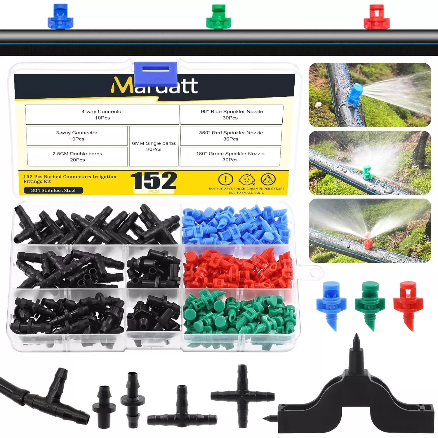 152pcs-drip-irrigation-barbed-connectors-fittings-kit-1-4-tubing-includes-90-180 152Pcs Drip Irrigation Barbed Connectors Fittings Kit for 1/4" Tubing Includes 90/180/360 Angle Atomizing Sprinkler Sprayer and Barbed Connector for Agriculture Hydroponic Garden Lawn
