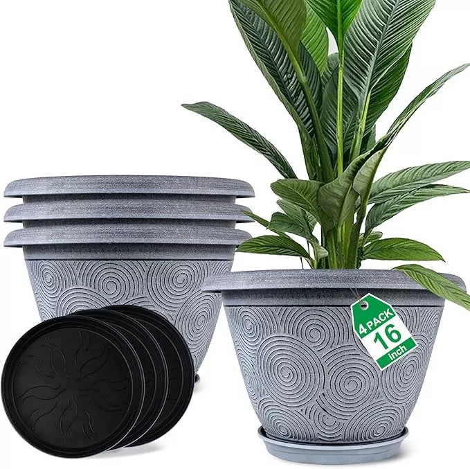 16-inch-large-planter-pot-plants-indoor-outdoor-4-pack-plastic-flower-pots-with- 16 Inch Large Planter Pot for Plants Indoor Outdoor, 4 Pack Plastic Flower Pots with Drainage Hole & Tray, Modern Decorative Garden Pot with Saucer, Plant Container for House