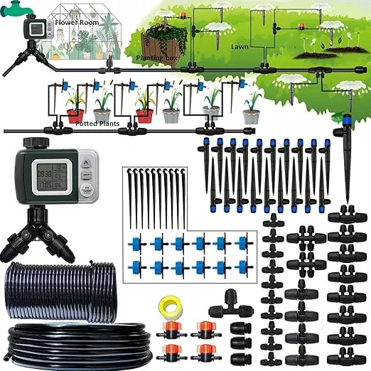162ft-drip-irrigation-kit-5-16-id-main-hose-1-4-inch-pipe-drip-irrigation-system 162ft Drip Irrigation Kit 5/16“ID Main Hose and 1/4 Inch Pipe Drip Irrigation System with Water Timer Auto Watering System for Garden Adjustable Spray, for Greenhouse, Garden, Lawn, Potted Plants