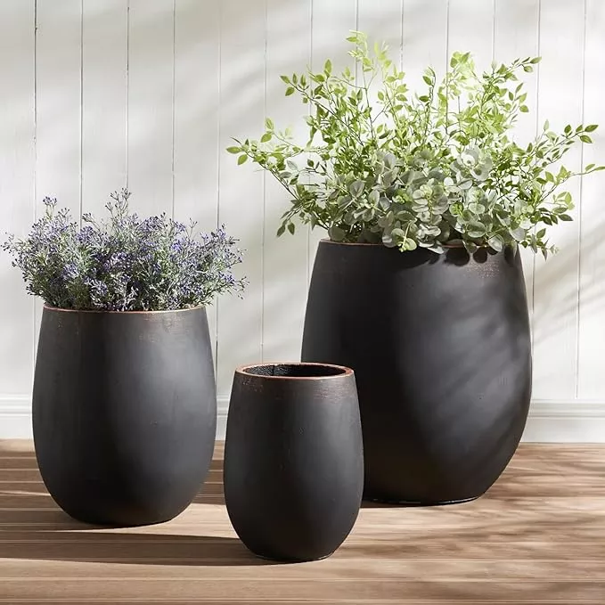 17-7-13-3-9-5-dia-round-concrete-planter-set-3-large-outdoor-planter-black-with- 17.7"+13.3"+9.5" Dia Round Concrete Planter Set of 3, Large Outdoor Planter, Black with Gold Rim, Flower Pots with Drainage Holes for Garden, Patio, Home, Office