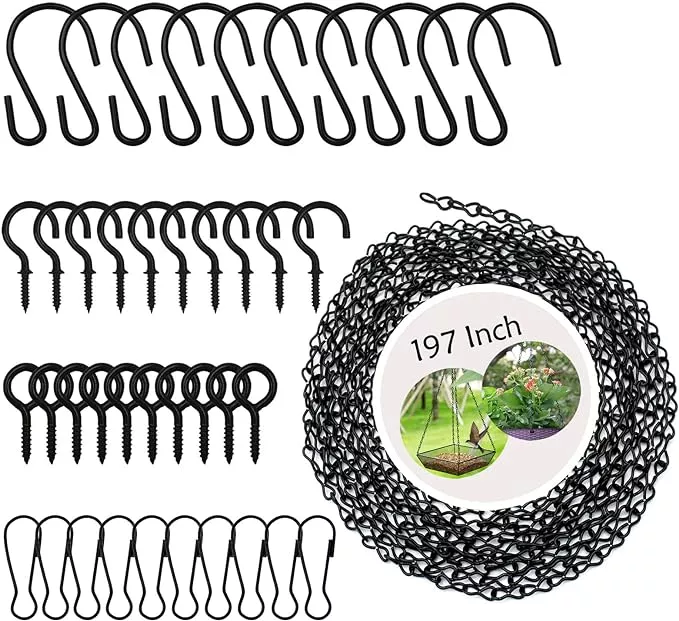 197-inch-black-metal-hanging-chains-hanging-basket-hooks-set-bird-feeders-birdba 197 Inch Black Metal Hanging Chains and Hanging Basket Hooks Set for Bird Feeders, Birdbaths, Planters, Grow Lights, Lanterns, Wind Chime and Ornaments, Screw Eye Hooks, Chain Hooks DIY