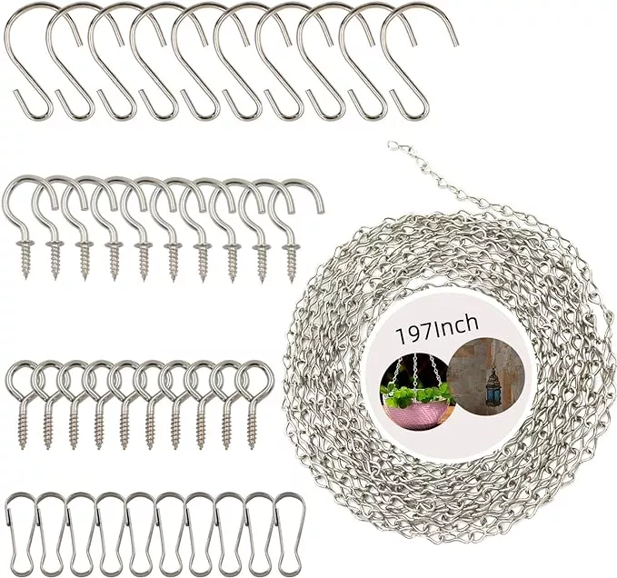 197-inch-diy-silver-hanging-basket-chains-adjustable-length-decorative-metal-cha 197 Inch DIY Silver Hanging Basket Chains, Adjustable Length, Decorative Metal Chain with Hooks for Hanging Bird Feeders, Planters, Ornaments