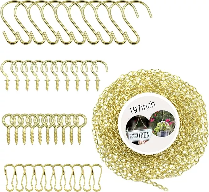 197-inch-gold-hanging-baskets-adjustable-length-brass-decorative-metal-chain-wit 197 Inch Gold Hanging Baskets - Adjustable Length, Brass Decorative Metal Chain with A Great Assortment of Hooks for Hanging Bird Feeders Planters Baskets Billboards Ornaments, Chain Hooks DIY