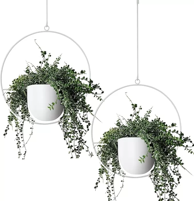 2-pack-hanging-planters-indoor-outdoor-plants-modern-metal-plant-hangers-wall-ce 2 Pack Hanging Planters for Indoor Outdoor Plants Modern Metal Plant Hangers Wall and Ceiling Hanging Plants Baskets Mid Century Minimalist Flower Pots Home Decor, White