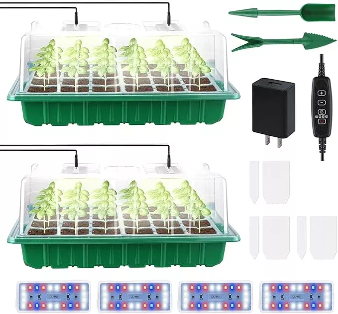 2-packs-large-seed-starter-tray-adjustable-brightness-timer-with-48-full-spectru 2 Packs Large Seed Starter Tray, Adjustable Brightness and Timer with 48 Full Spectrum LEDs, Seed Starter Kit with Drainage Holes, Tools and Labels for Indoor Plant Growing and Outdoor Gardening