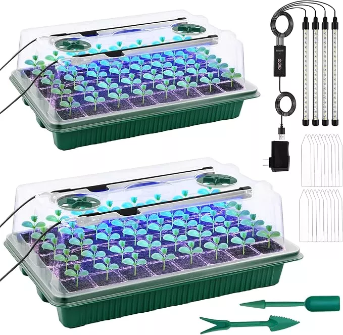 2-packs-starter-tray-with-grow-light-80-cells-seed-starter-kits-with-humidity-do 2 Packs Starter Tray with Grow Light, 80 Cells Seed Starter Kits with Humidity Dome and Base Plant Germination Seedling Starter Kit with Smart Timer for Indoor Greenhouse Wheatgrass Hydroponic