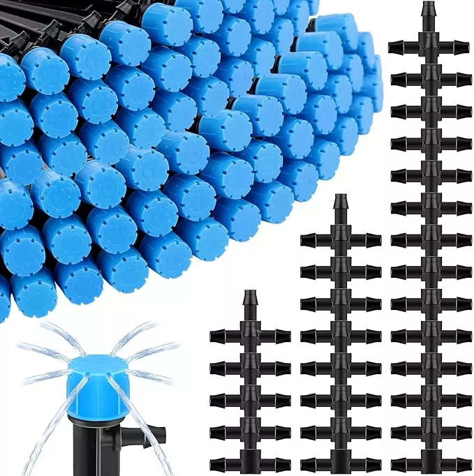 200-pcs-drip-irrigation-kit-1-4-tubing-include-100-drip-irrigation-emitter-adjus 200 Pcs Drip Irrigation Kit for 1/4" Tubing Include 100 Drip Irrigation Emitter Adjustable Fan Shape Drip Irrigation Parts and 100 Barbed Tee Fittings Barbed Connectors for Garden Lawn Patio