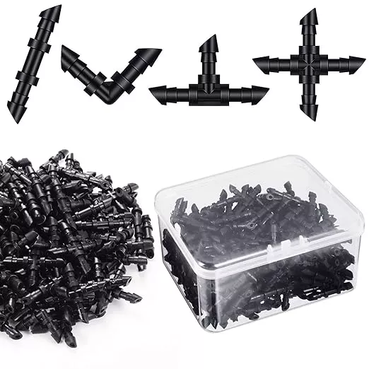 200-pieces-drip-irrigation-fittings-kit-1-4-inch-tubing-50-straight-barbs-50-tee 200 Pieces Drip Irrigation Fittings Kit for 1/4 Inch Tubing, 50 Straight Barbs, 50 Tees, 50 Elbows, 50 4-Way Couplings, Barbed Connectors with Plastic Box for Garden Lawn Drip, Sprinkler Systems,Black
