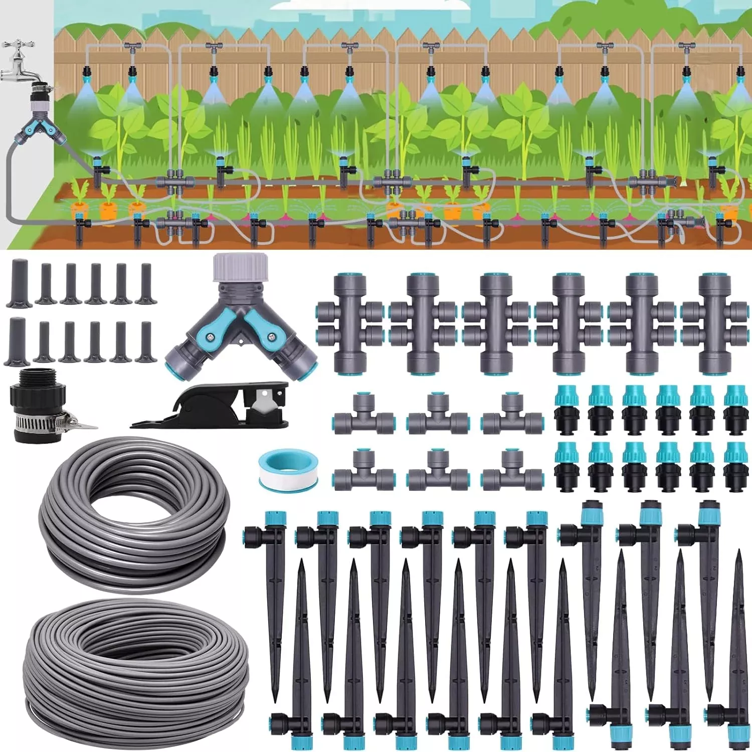230ft-drip-irrigation-system-quick-connect-automatic-garden-watering-misting-sys 230FT Drip Irrigation System, Quick-Connect Automatic Garden Watering Misting System, with 1/2 inch and 1/4 inch Distribution Tubing, Drip Irrigation Kit for Lawn, Greenhouse, Patio