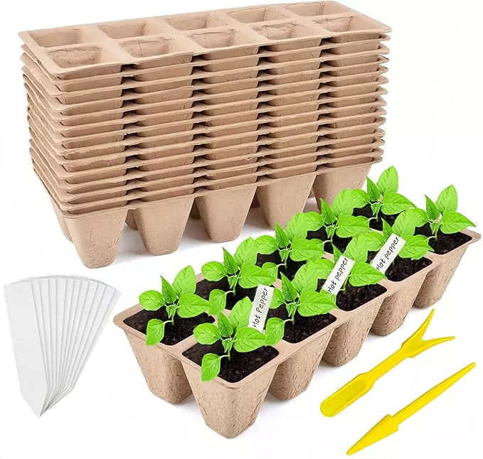240-cells-peat-pots-seed-starter-tray-24-packs-biodegradable-seedling-pots-germi 240 Cells Peat Pots Seed Starter Tray 24 Packs Biodegradable Seedling Pots Germination Trays Peat Pot for Seedling Organic Seed Starting Trays kit with 24 Labels 2 Transplant Tools