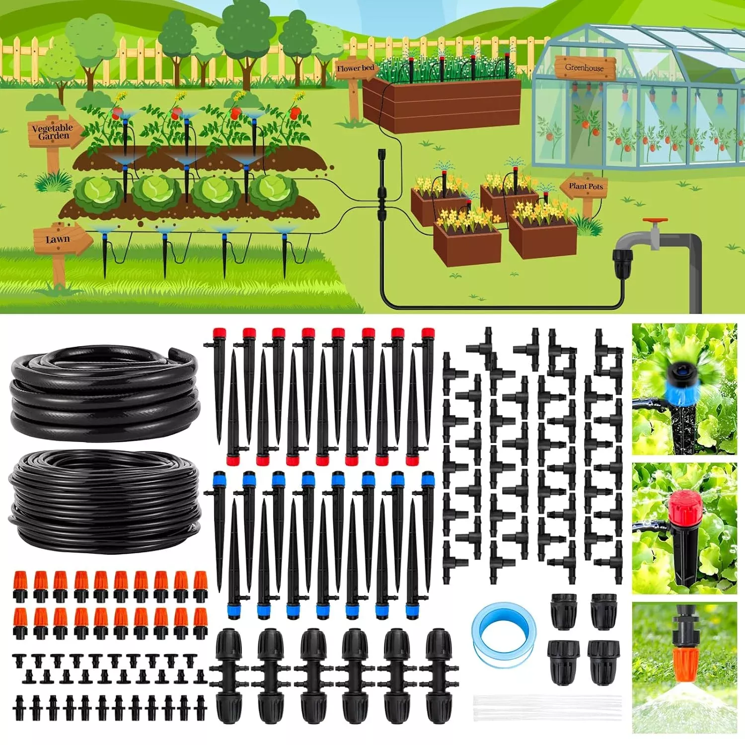240ft-drip-irrigation-system-automatic-drip-irrigation-kit-with-1-2-inch-hose-1- 240FT Drip Irrigation System,Automatic Drip Irrigation Kit with 1/2 inch Hose 1/4 inch Distribution Tubing and Accessories,for Lawn Raised Bed Greenhouse Plant Watering System