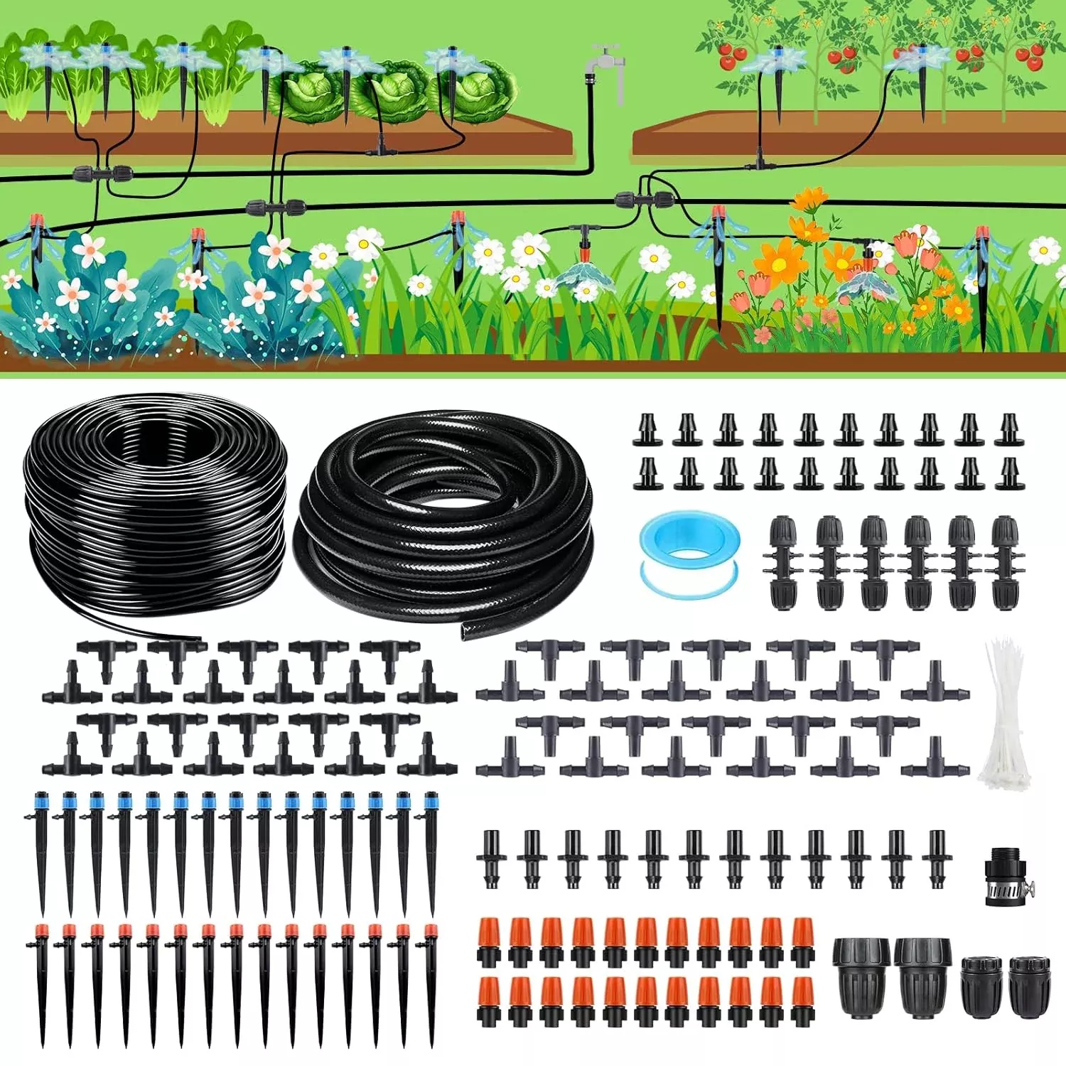 256ft-automatic-drip-irrigation-system-kit-automatic-garden-watering-misting-sys 256FT Automatic Drip Irrigation System Kit,Automatic Garden Watering Misting System for Greenhouse, Yard, Plant ,Lawn with 1/2 inch Hose 1/4 inch Distribution Tubing and Accessories